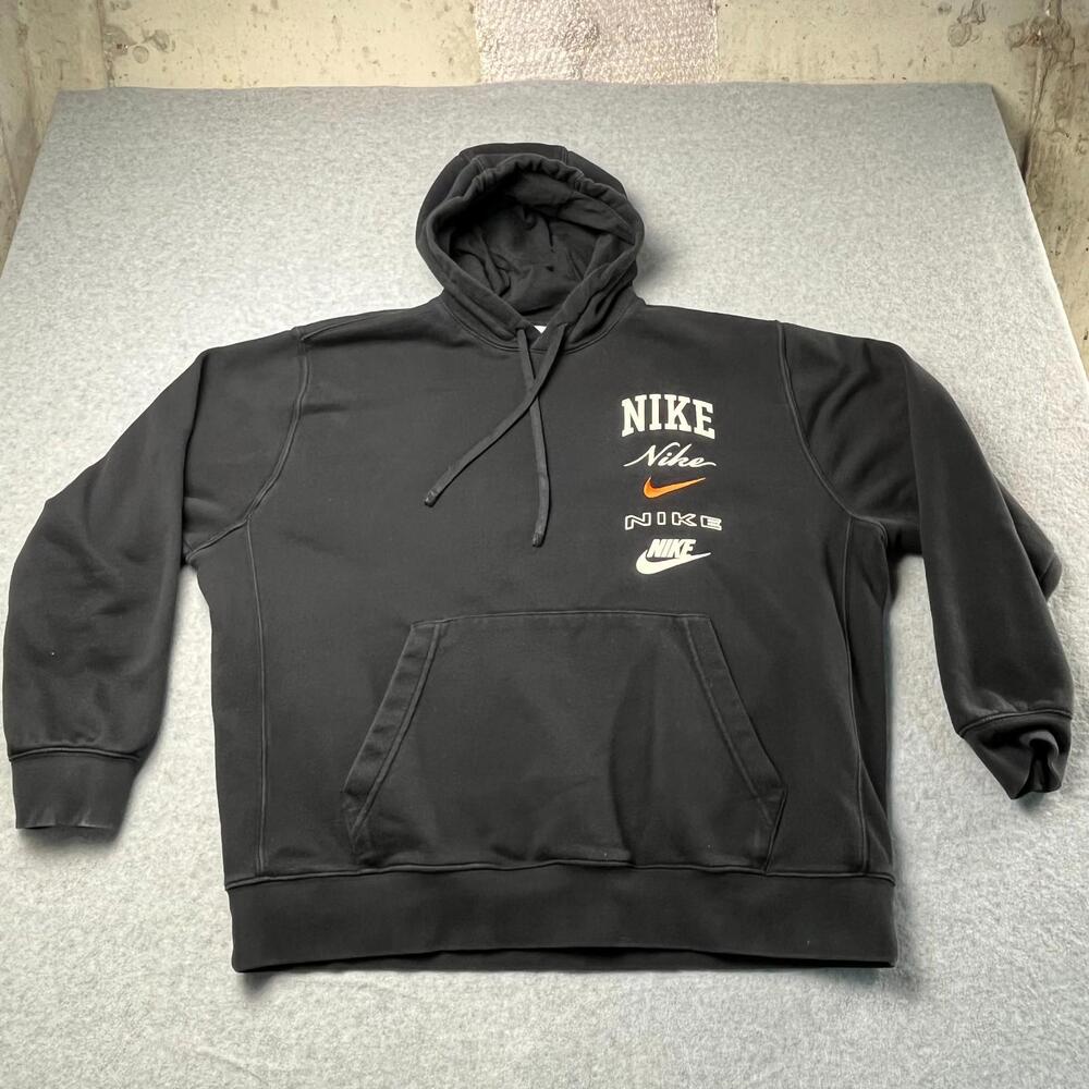 Nike Mens Sz XL Hoodie Sweatshirt Black Multiple Logo Graphic Embroidered Swoosh